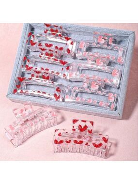 Valentine's Day Heart Print Hair Claw Set - Large, Transparent Hair Clip NIP